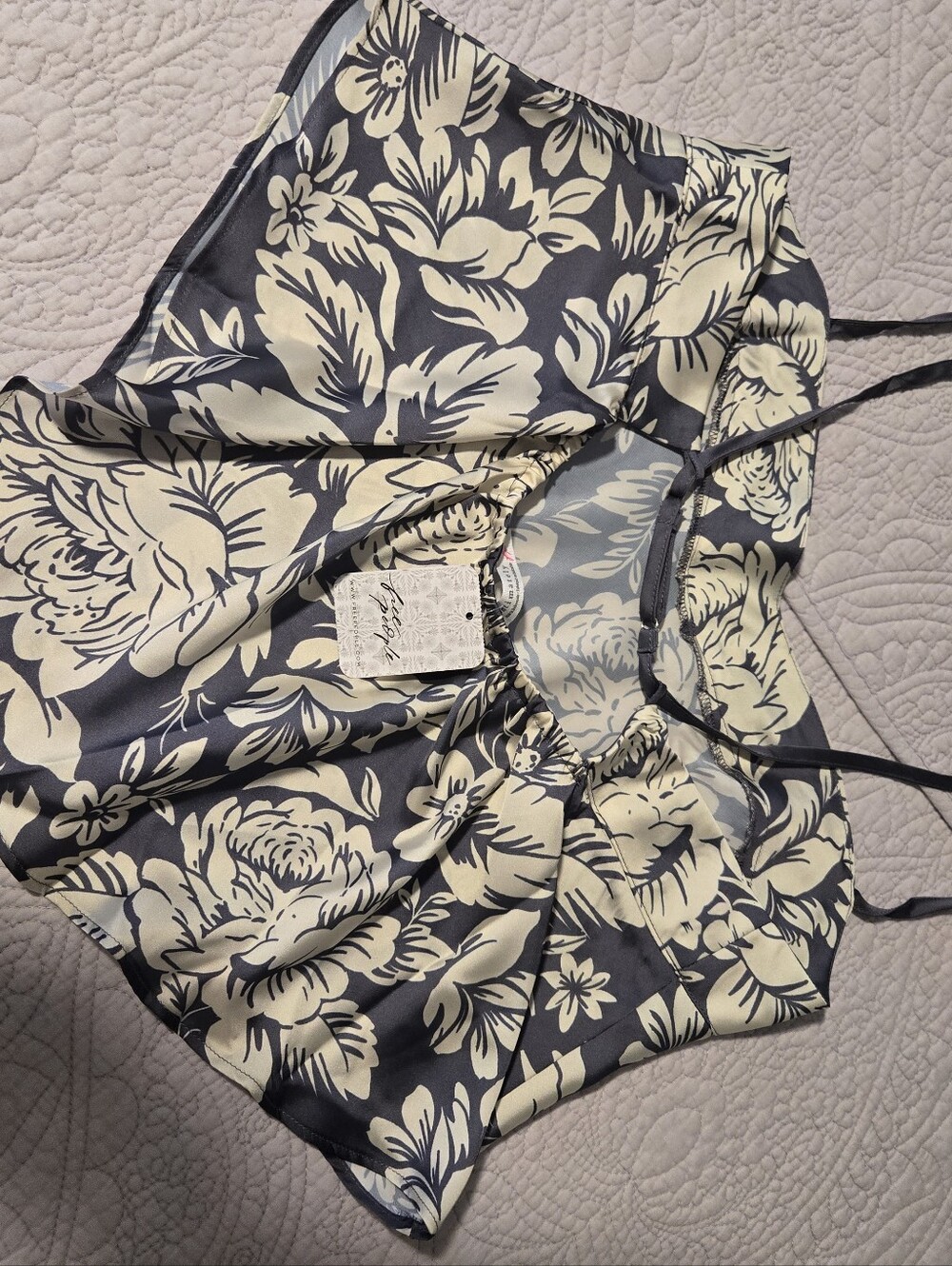 Floral Satin Cami Top in Ivory and Navy -